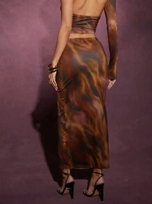SHEIN Unity Winter Women Clothes, Women's Low-Rise Brown Abstract Mesh Print Maxi Skirt Slim Fit Fashionable Daily Elegant. For Daily Wear, Date Night, Concerts, Performances, Parties, Clubs, Evening