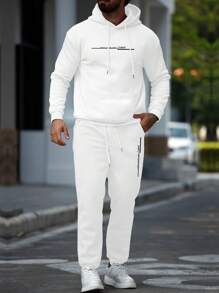 Manfinity Homme 2 件男士字母印花套头连帽衫和长裤套装，简约风格 - 白色 - 查看 5