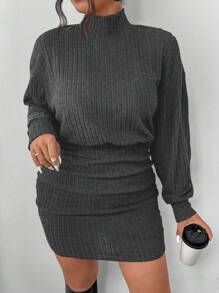 SHEIN Frenchy Women Plus Size High Neck Fitted Textured Fabric Sweater - Grey - View 6