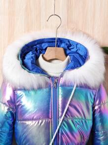 SHEIN Tween Girls' Fashionable Hooded Jacket With Laser Ruffled Collar, Winter - Blue - View 4