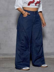 SHEIN ICON 大码纯色宽松休闲阔腿牛仔裤