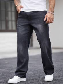 Manfinity Homme Men's Straight Leg Casual Washed Loose Fit Jeans With Pockets