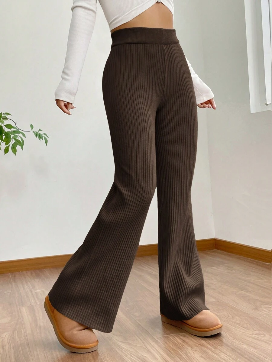 SHEIN EZwear High Waist Flare Leg Khaki Knit Pants - Coffee Brown - View 1