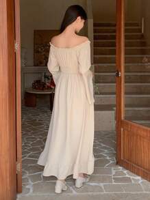DAZY Robe mi-longue à manches évasées et épaules dénudées, taille avec lien, couleur unie, pour vacances. Volants, automne/hiver - Blanc - Voir 6