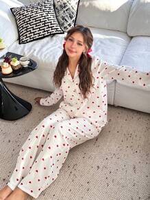 SHEIN 2pcs/Set Sweet & Simple Heart Pattern Collared Long Sleeve Cardigan & Wide Leg Lounge Pants Pajama Set For Teen Girls - Red and White - View 4