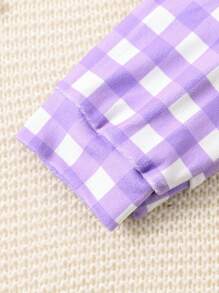 SHEIN 2 件套 Tween 女童休闲舒适服装套装，粉色格子运动衫配熊刺绣和配套格子裤，适合秋冬季 - 淡紫色 - 查看 4