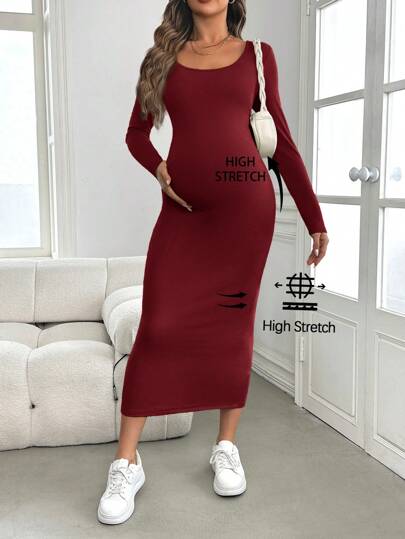 SHEIN Maternity Slim Long Sleeve Dress, Green Bodycon Pregnancy Dress For Baby Shower, Autumn/Winter