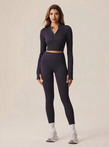 Lifespree Women Sporty Set Zippered Solid Color Fitted Crop Top & Leggings - Grey - View 4