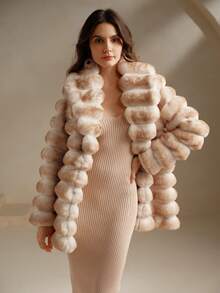 Anewsta 优雅仿皮草外套，黑白渐变色，时尚女士仿皮草大衣，奢华蓬松外套 - 黃色 - 查看 1