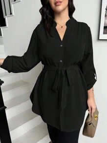 SHEIN Essnce Plus Size Women's Black Elegant Office Button Down Blouse,Autumn Casual Loose Long Sleeve V Neck Shirt,Curve Tops For Work,Teacher Back To School Wear - Black - View 1