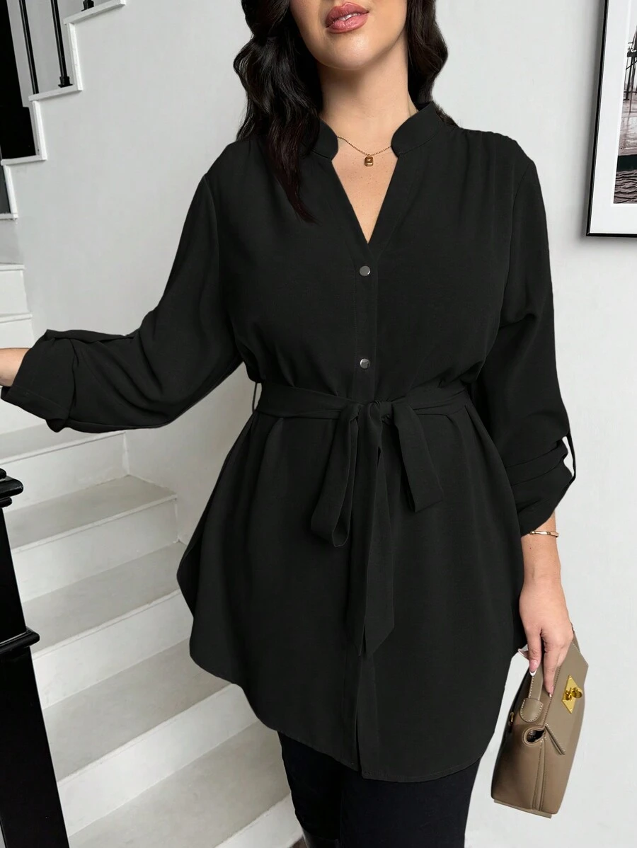 SHEIN Essnce Plus Size Women's Black Elegant Office Button Down Blouse,Autumn Casual Loose Long Sleeve V Neck Shirt,Curve Tops For Work,Teacher Back To School Wear - Black - View 1