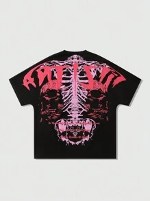 ROMWE MEN Goth Men's Fashion Skull Logo Printed T-Shirt, Summer, 2000s Style - Black - View 7