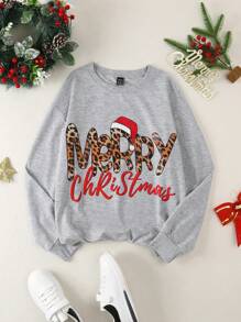 1pc Women's Black Christmas Hat With Leopard Print & Text, Fashionable Crew Neck Thermal Lined Warm Sweatshirt, Family Matching Mommy And Me (4 Pieces Are Sold Separately) Pullover Fall - Light Grey - View 1