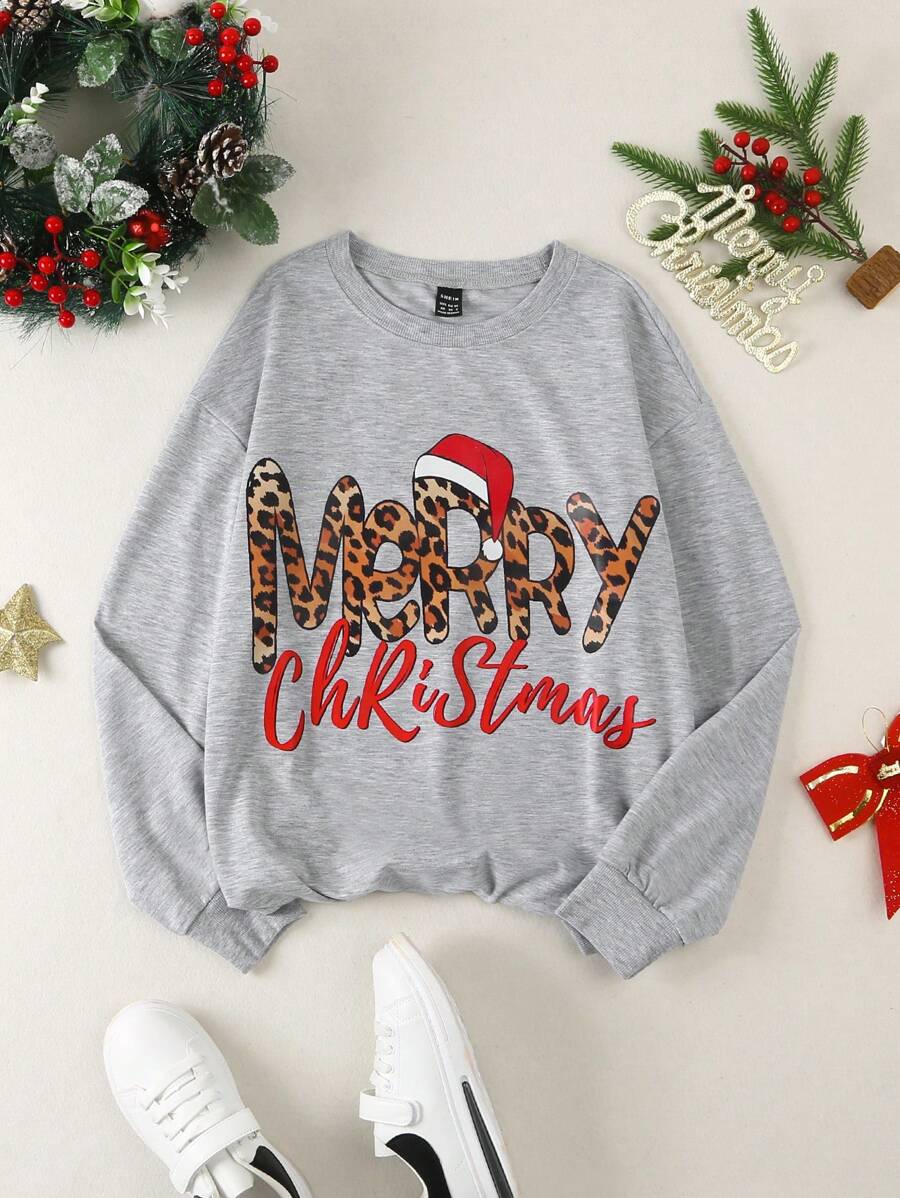 1pc Women's Black Christmas Hat With Leopard Print & Text, Fashionable Crew Neck Thermal Lined Warm Sweatshirt, Family Matching Mommy And Me (4 Pieces Are Sold Separately) Pullover Fall - Light Grey - View 1