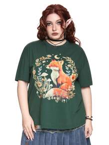 ROMWE Fairycore Plus Size Fox & Floral Print Casual Short Sleeve T-Shirt For Summer