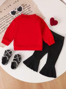 SHEIN Baby Girls' Halloween Printed Ribbed Flared Pants Set, Autumn - Red - View 2