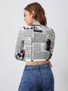 SHEIN EZwear 報紙印花小高領短款T恤 - 白色 - 查看 2