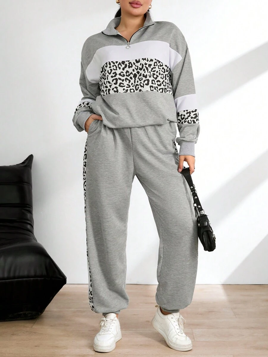 SHEIN Cottnline Cotton Plus Leopard Print Colorblock Drop Shoulder Sweatshirt & Sweatpants - Multicolor - View 1