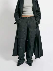 AiiRZ Extra Long Denim Trench Coat Two Piece Set High Rise Cargo Jeans Fall Winter Y2K Double Breasted Belt Grunge Street Style Outfit Collection - Black - View 3