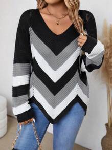 大码女式条纹 V 领落肩长袖宽松针织套头衫，秋冬款