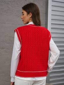 INAWLY Women's Red Contrast Color Knitted Cable Knit Sweater Vest, Autumn/Winter - Red - View 2