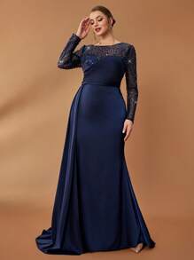 Serin Plus Size Blue Beaded Mother Of The Bride Dress - Navy Blue - View 6