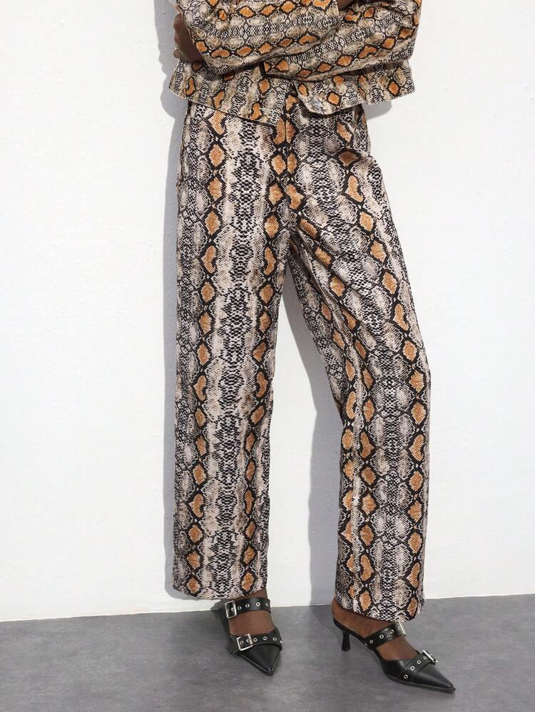 SHEIN Maija Pantalon de style urbain à la mode pour femmes avec imprimé peau de serpent brun, boutonnage devant, taille élastique et poches latérales, pour l'automne/hiver et le style western