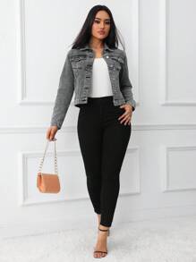 Women Single Breasted Casual Denim Jacket, Versatile For Autumn