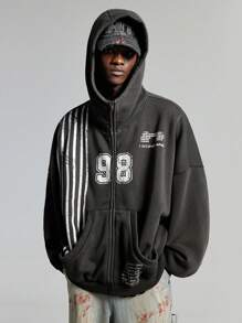 NEON BLANC Men's Street Style Fried Salt & Numeric Print Knitted Hooded Sweatshirt, For Fall Winter - Black - View 5