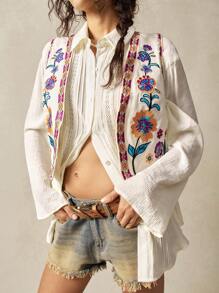 Bohemela Women's Floral Embroidered Casual Sleeveless Jacket, Suitable For Vacation