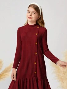 SHEIN Leap Crew Tween Girl 休闲羊毛罗纹高领拼布荷叶边下摆纽扣装饰中长连衣裙 - 酒紅色 - 查看 4