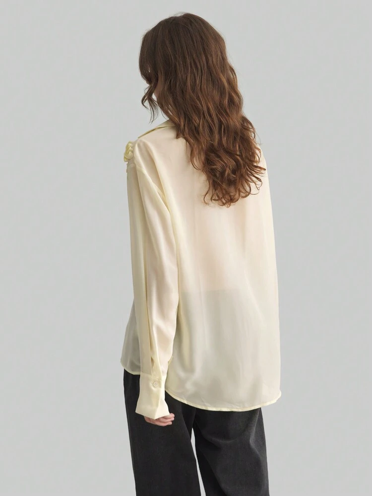 Women's Light Yellow Spring New Year Embroidered Decoration Shirt, Solid Color Minimalist Fashion Casual Everyday Wear