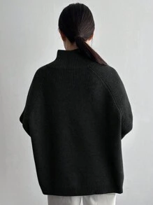 Dazy-Less 女士时尚斜襟高领开衩下摆套头针织毛衣老款风格，秋季女装商务休闲女士工作服 - 黑色 - 查看 4