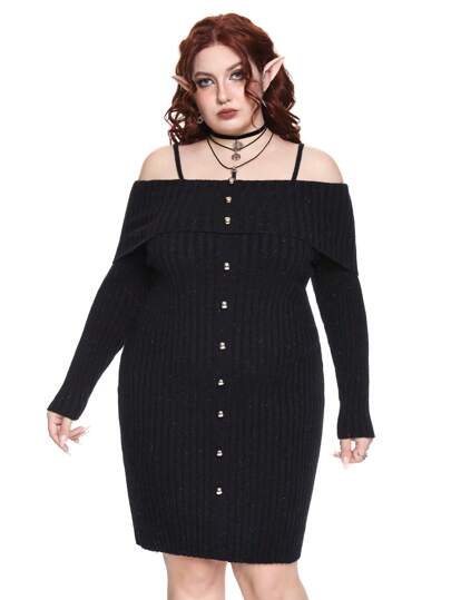 ROMWE Vestido de punto con escote descubierto, botones metálicos y hilo dorado para tallas grandes