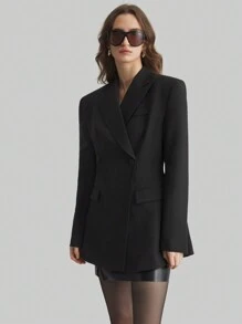 Ontre 女式黑色收腰夹克，2025 年春季新款时尚服饰，法式长袖西装外套，黑色宽肩带收腰双排扣夹克，时尚都市精致