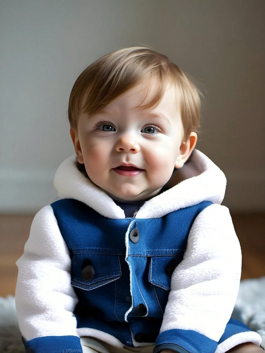 Baby Boy Contrast Color Long Sleeve Denim Patchwork Plus Fleece Thick Hooded Jacket, Clothes Autumn/Winter - Multicolor - View 1