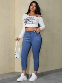 SHEIN ICON Celana Jeans Denim Kasual Slim Fit dengan Kantong Sederhana Ukuran Plus - Medium Wash - View 4