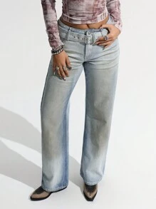 SHEIN ICON Women's Simplicity Front Button Pocket With Belt Casual Denim Jeans, For Daily Wear Grunge Washed Distressed - Light Wash - View 4