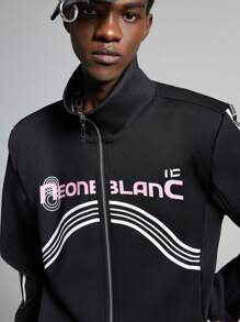 NEON BLANC Sudadera de béisbol con cremallera y bordado de letra de aire en el cuello alto, sudadera con capucha de manga larga con cremallera completa y letra para salir, para regalos de amigos, esposo, novio, para otoño e invierno - Negro - Ver 5