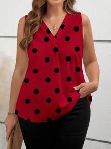 SHEIN Clasi Plus 女士休闲圆点无袖衬衫，秋季女士，适合夏季 - 紅色 - 查看 4