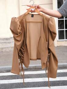 SHEIN MOD Plus Size Retro Cute Tie-Up Decor Gigot Sleeve Jacket - Camel - View 4