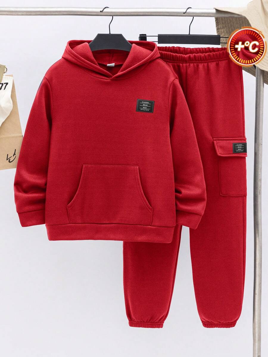 SHEIN Tween Boy 纯色贴袋长袖连帽衫和松紧腰运动裤 2 件套，适合秋冬季 - 紅色 - 查看 1