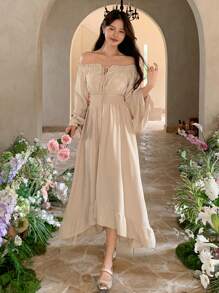DAZY Robe mi-longue à manches évasées et épaules dénudées, taille avec lien, couleur unie, pour vacances. Volants, automne/hiver - Blanc - Voir 8