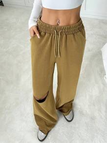 SHEIN EZwear 女士新款酸洗破洞抽绳腰阔腿运动裤 - 咖啡棕 - 查看 6