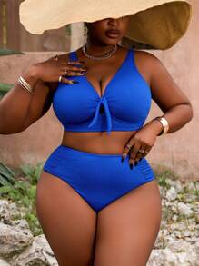 SHEIN Slayr CURVE Plus Size Solid Color Jacquard Fabric Swimwear Set Summer - Blue - View 6