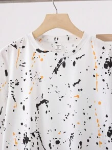 SHEIN 2pcs/Set Teen Boy Casual Streetwear Sporty Chic Splatter Paint Design White Short Sleeve T-Shirt And Black Pants Outfit Set - Multicolor - View 3