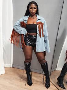 SHEIN Slayr Women's Fashionable Color Block Fringe Decorated Denim Jacket For Autumn - Blue - View 6