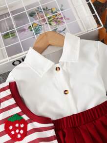 SHEIN Conjunto de 3 piezas para niña con: Blusa de manga larga estilo academia con cuello de solapa y hombros caídos en color blanco, Camiseta sin mangas con escote en V, con bordado de fresas a rayas, y Falda plisada de cintura alta en color liso