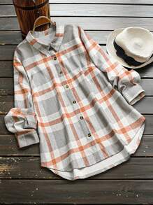 SHEIN LUNE Women's Loose Plaid Long Sleeve Shacket, Plus Size, Suitable For Autumn/Winter Women Shirt - Multicolor - View 1