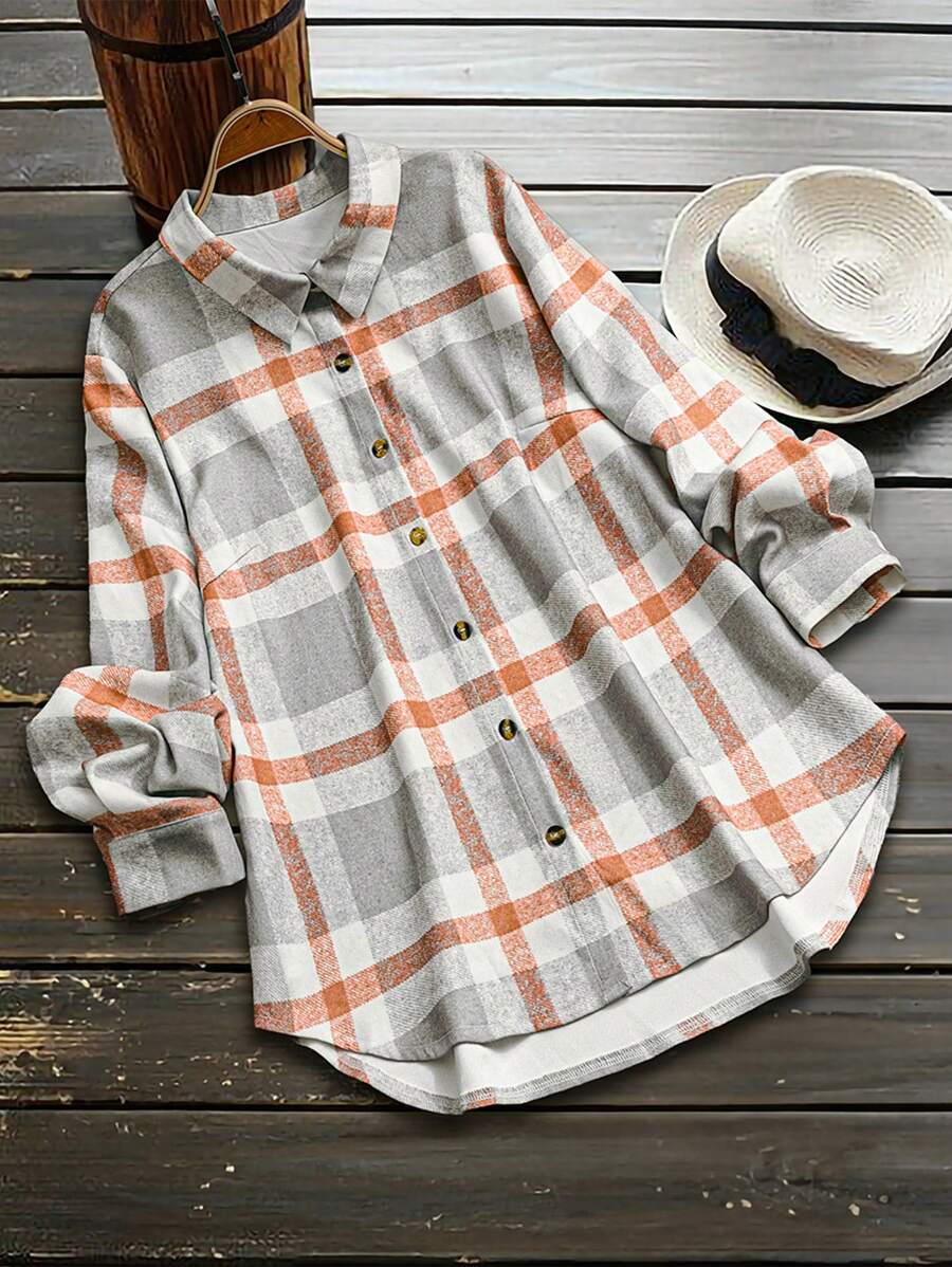 SHEIN LUNE Women's Loose Plaid Long Sleeve Shacket, Plus Size, Suitable For Autumn/Winter Women Shirt - Multicolor - View 1